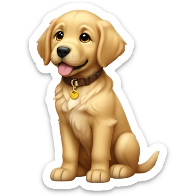 A beige golden retriever puppy wearing a brown collar tilts its head, facing forward, full body view sticker