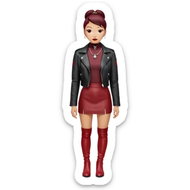 “East Asian woman with a tight sleek bun, no loose strands. Black leather jacket over a black turtleneck, silver Vivienne Westwood-style orb necklace. Red leather mini skirt, burgundy tights, red long boots. Clean, fashion-editorial style.” sticker