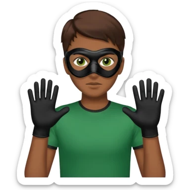 Chico de pelo marrón y ojos verdes, Con un cubre bocas negro, que tiene una camisa verde por encima de una remera blanca, y tiene un guante negro en una sola de las manos. sticker