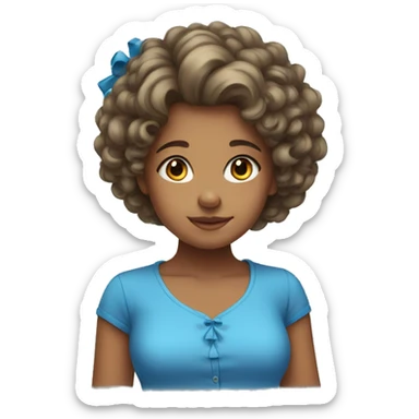 girl with curly hair in blue shirt and a bow on her head sticker