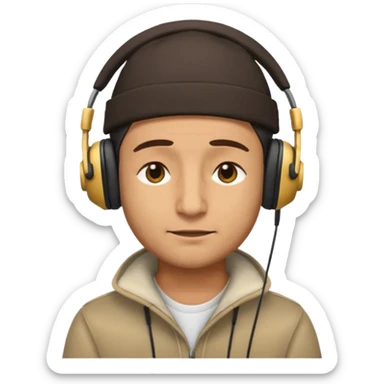 Half body man wearing topi and headphones, eyes closed, realistic emoji style. sticker