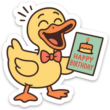 laughing duck with bowtie holding birthday card sticker
