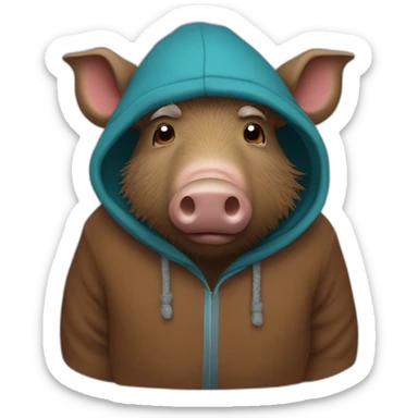 wild tired brown boar in hoodie and winter hat sticker
