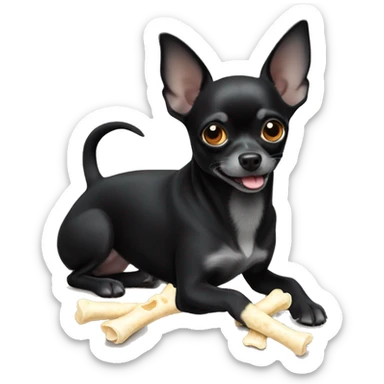 Black Chihuahua dog chewing a bone in his paws a sticker