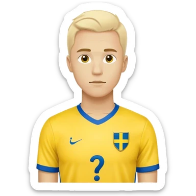 Swedish male soccer player with question mark on the right corner with yellow and blue clothes and with the Swedish flag on the chest sticker