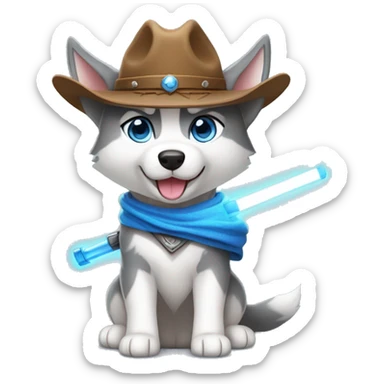Gray Siberian Husky with blue eyes puppy wearing a cowboy hat dressed in Jedi clothing Holding a Lightsaber with the Paw sticker