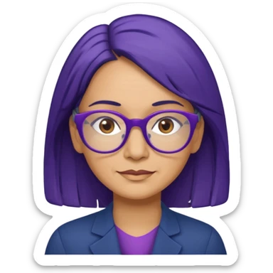 51-year-old woman. Navy blue shoulder-length hair. Purple wire-rimmed glasses. Brown eyes. sticker