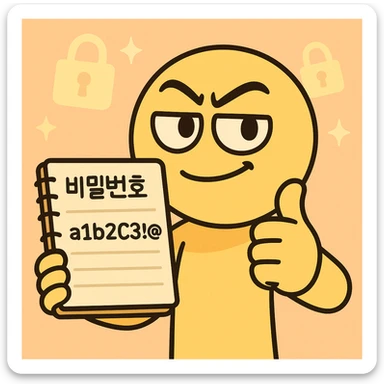 emoticon-style cartoon character holding a notebook with Korean text '비밀번호', strong password 'a1b2C3!@#', lock icon, character giving confident thumbs-up, glowing lock icons in pastel background, flat, simple, bright, 360x360px, PNG sticker