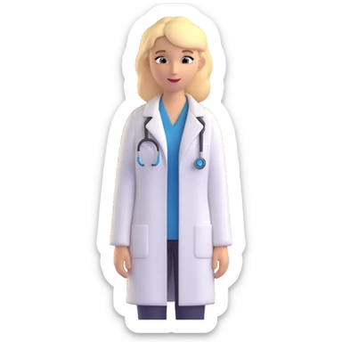 blonde caucasian woman in white dress shirt and white lab coat sticker