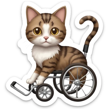 full body small short hair dark brown and white cat with hazel eyes walking in a wheelchair for cats sticker