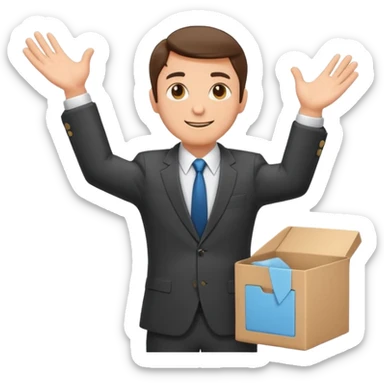Sticker of a man in a business suit, front view, arms extended forward as if ready to hold a box, friendly expression, clean cartoon style, bold outlines, minimal background, emoji sticker style sticker
