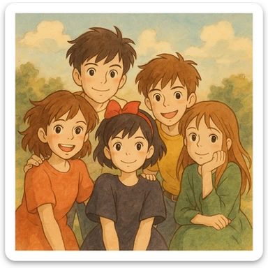 A group of three girls and two boys posing together as friends, in a warm, whimsical Ghibli-inspired illustration, with soft lighting and gentle colors, evoking a sense of camaraderie and adventure. sticker