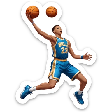 An icon showing a close-up of a basketball player in mid-air, performing an impressive dunk, inspired by NBA 2K25. The player is focused, with the ball in hand and the court in the background. Bright lights emphasize the action and excitement. Transparent background. sticker