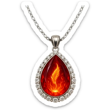 A teardrop ruby pendant with fiery light, a tiny phoenix feather emerging, haloed by shimmering white stones, and a silver chain like liquid moonlight sticker