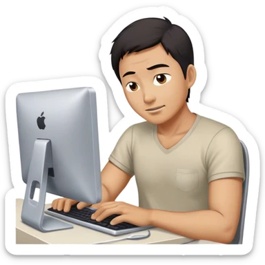 Asian male, 45, hacking away at a computer, a bit tired, a bit exhausted, but happy sticker