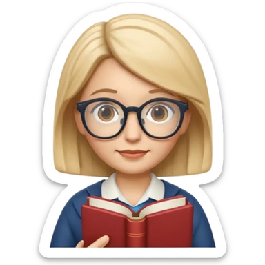 Apple Memoji-style 3D emoji of a librarian wearing glasses holding a book, clean gradients, rounded shapes, no background. sticker