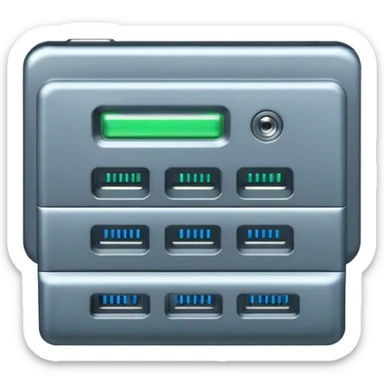A 512x512 pixel DB9 serial port icon, metallic gray with a blue or dark gray port area. Features 9 metallic pins in two rows. A green indicator (check mark, LED, or connected cable) shows an active connection. Modern, minimalistic, high contrast.
 sticker