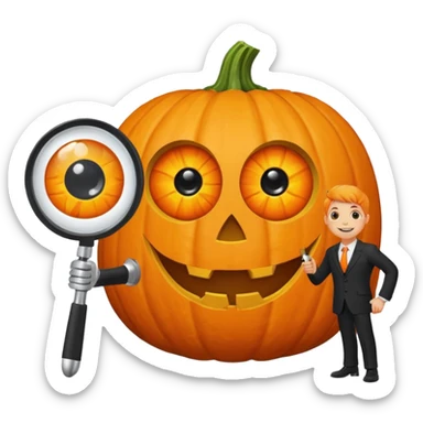 A pumpkin smiling at a magnifying glass (the magnifying glass has limbs and a suit thats black, the magnifying glass also has a eye, looks like a cyclops eye, one eye in the middle turn the magnifying glass into a living person) sticker