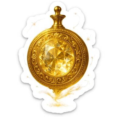 very luxurious crystal coin-shaped elixir bottle, golden, lots of shine, edges, ornaments, magical effects, very small golden neck, transparent background, beautiful merging bottom, clearly floating in air, no base or shadow, premium class, matching the collection sticker