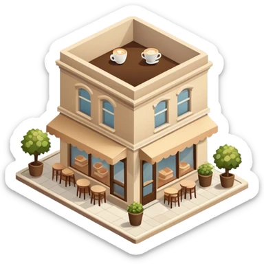 beige coffee shop, isometric exterior view sticker