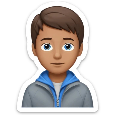 Fais-moi un garçon avec la peau bronzée les yeux bleus qui portent une veste grise avec les cheveux marrons version emoji sticker