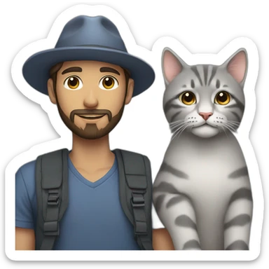 a young man with a beard and a hat holding a big grey cat sticker