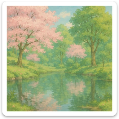spring in ghibli style, tranquil pond, reflecting trees, calm waters, peaceful setting sticker