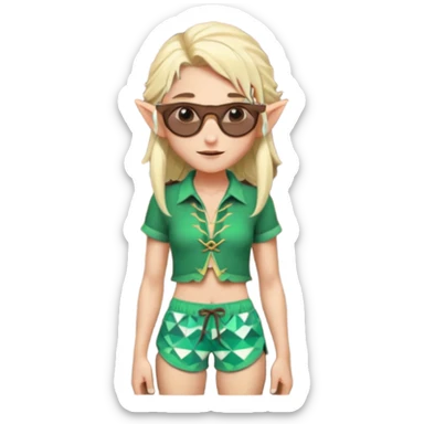elf female legolas portrait, patterned board shorts (geometric/abstract), unique wooden-framed sunglasses, undercut hairstyle, slight smirk, visible pointy ears, no background, centered emoji, hipster summer vibe coctails sticker