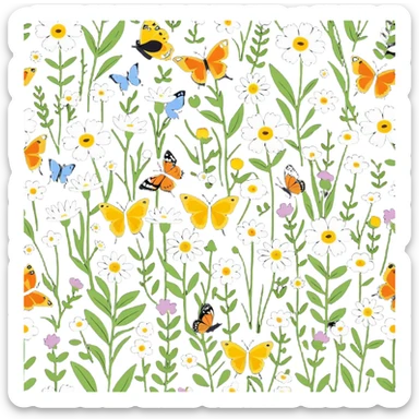 a meadow with butterflies and flowers, cartoonish sticker style sticker