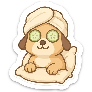 Relaxed dog with cucumber slices on eyes, towel wrapped on head and pillow sticker