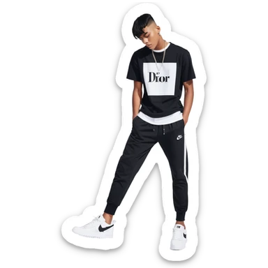 chico de pelo moreno, corte taper fade, flequillo a las cejas, camiseta Nike negra, pantalones Nike negros bajados, zapatillas Dior blancas sticker