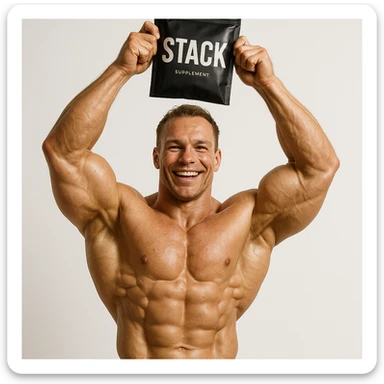 hyper realistic smiling bodybuilder holding a 'stack' supplement package above his head like a trophy, sculpted physique, victory atmosphere, realistic details, white background sticker