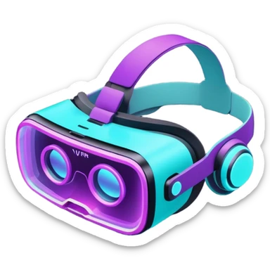 Futuristic glowing neon VR headset emoji, purple and cyan light, dark background, digital tech style sticker