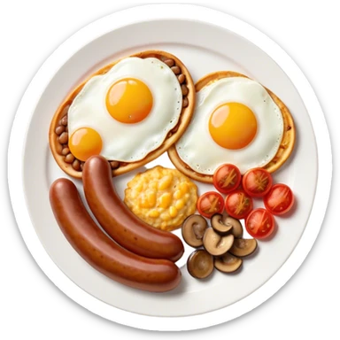 English Breakfast Cinematic Realistic English Breakfast Dish Emoji, depicted as a hearty plate featuring 2 sizzling sausages, a central serving of baked beans, 2 perfectly fried eggs, 2 sliced grilled tomatoes, 2 grilled mushrooms, and a triangle-shaped hash brown, rendered with vivid textures and warm, inviting lighting. sticker