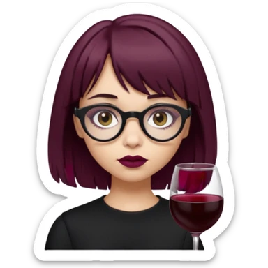 Emoji girl that has mid length brown shaggy cut hair with baby bangs, has hazel eyes and wears half transparent glasses, she is goth and wears wine colored lipstick sticker