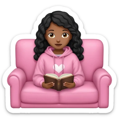 Una chica linda de cabello negro con ondas hasta los hombros de piel blanca con una sudadera rosa en un sofá cómodo y hermoso leyendo la biblia sticker