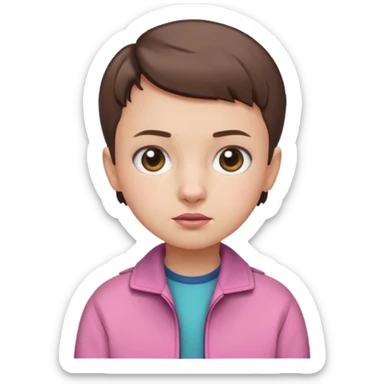 Create a cute emoji-style illustration of Eleven from Stranger Things: round face, big expressive eyes, short brown buzz-cut hair, pink jacket, simple nose and mouth, soft shading, bright colors, clean outline, minimal details, friendly expression, flat emoji style, white or transparent background. sticker