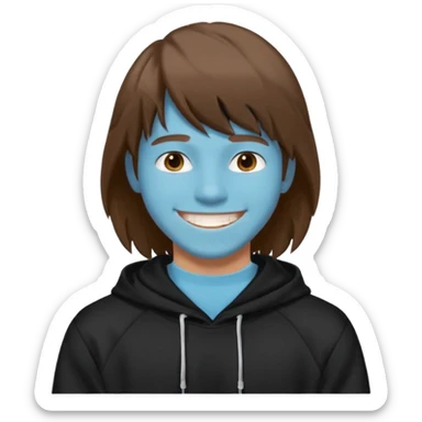 20 yr old man, brown hair, straight, big smile, white teeth, tanned skin, bangs, black hooded sweatshirt, long hair in back, center-parted bangs sticker