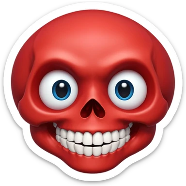 “A bright red cartoon skull with a smooth shiny surface, large round blue eyes with white outlines, a wide exaggerated smile showing big detailed teeth, simple black nose cavity, clean symmetrical face shape, centered on a plain light background, HD, sharp, vibrant, no distortion.” sticker