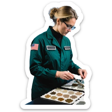 Marine geologist with scientific tools studying ocean floor samples on ship sticker