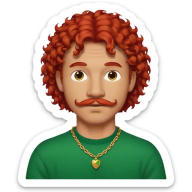attractive man with red curly hair, curly mullet, and mustache, wearing a green sweater and a red necklace sticker