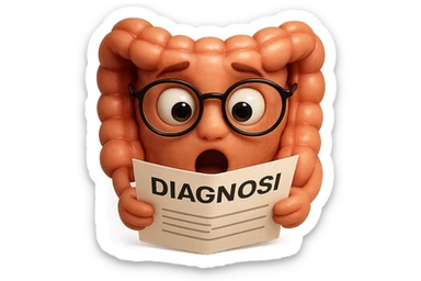EMOJI STILE IPHONE DI UN INTESTINO CON GLI OCCHIALI CHE LEGGE UN FOGLIO CON LA SCRITTA DIAGNOSI, ESPRESSIONE STUPITA IN VOLTO, IPERREALISTICO 4K sticker