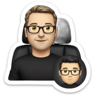 small-cartoonish-middle-age-lean-white-man,without beard or moustache,-with-black-hair-&-glasses-wearing-black-Tesla-T-shirt,-inside-black-tesla-model-3, full car front view with driver sticker