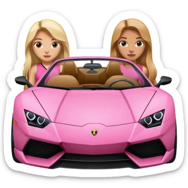 Make car far away so I can see full car Car facing forward in sports car. Make hair long  two girls in car far away Front of car sitting in the seats. Make it a pink sports car. They are two baddies make it a Lamborghini pink car  sticker