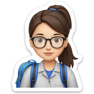 student brunet kid girl, ponytail wearing glasses with backpack sticker