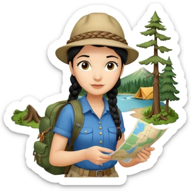 A braid black hair backpacking woman checking her map with curious eyes while walking in the woods with camping hat full body sticker