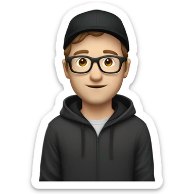 white man with brown hair and blue eyes wearing black framed glasses, a grey cap and a black hoodie playing xbox sticker