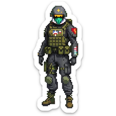 armed figure in all-black military clothing, shiesty mask, and helmet sticker