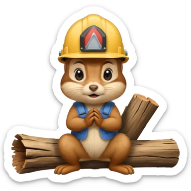  a chipmunk in a construction helmet kneels in front of a log sticker