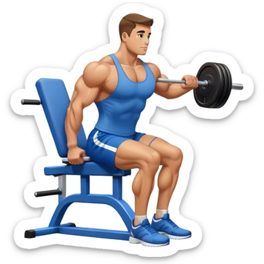 side-view bodybuilder in blue shorts seated weighted calf-raise machine on his tip toes sticker